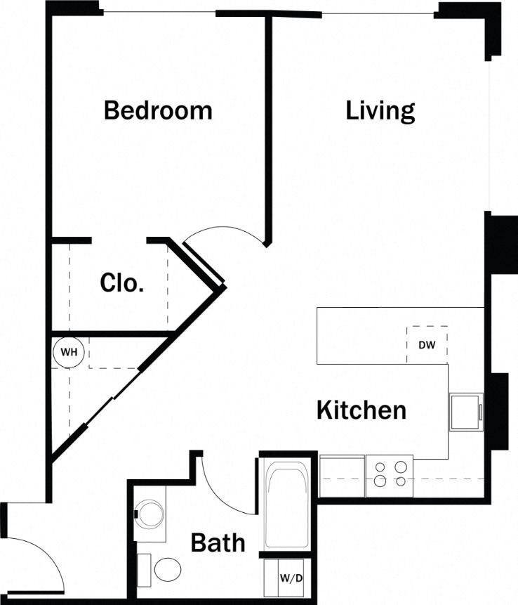 Floor plan for 1 bed, 1 bath, 729 sqft